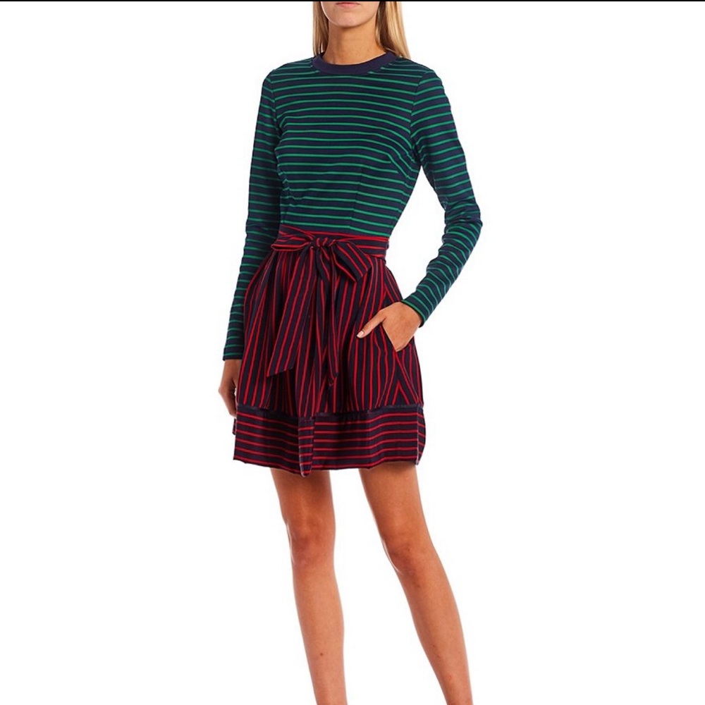 LDT Faye long sleeve mini crewneck striped navy blue green red 14 pockets dress